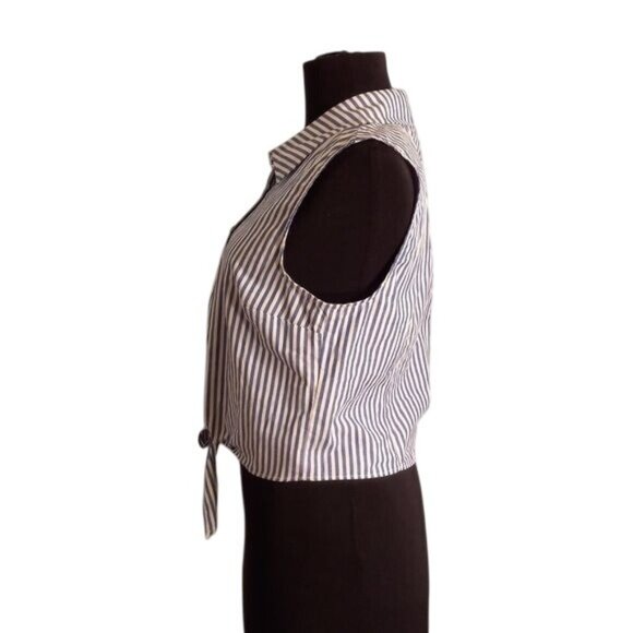 ModCloth M Top Crop Sleeveless Blue White Striped Button Up Tie Front Shirt NEW - Picture 6 of 11